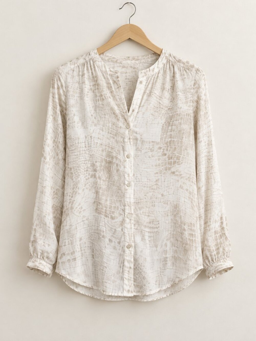 Dalia Small Ivory Taupe Animal Print Blouse Long Sleeve Split Neck Workwear Top